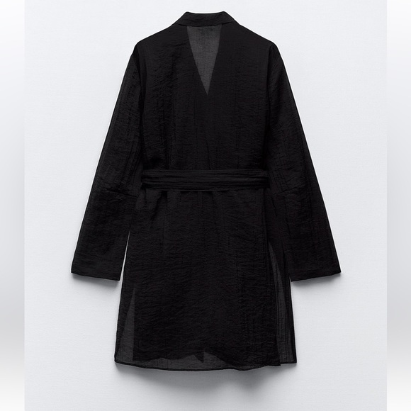 Zara Black Semi-sheer Minimalist Belted Blouse Relaxed long sleeves belt NWT - Picture 5 of 16